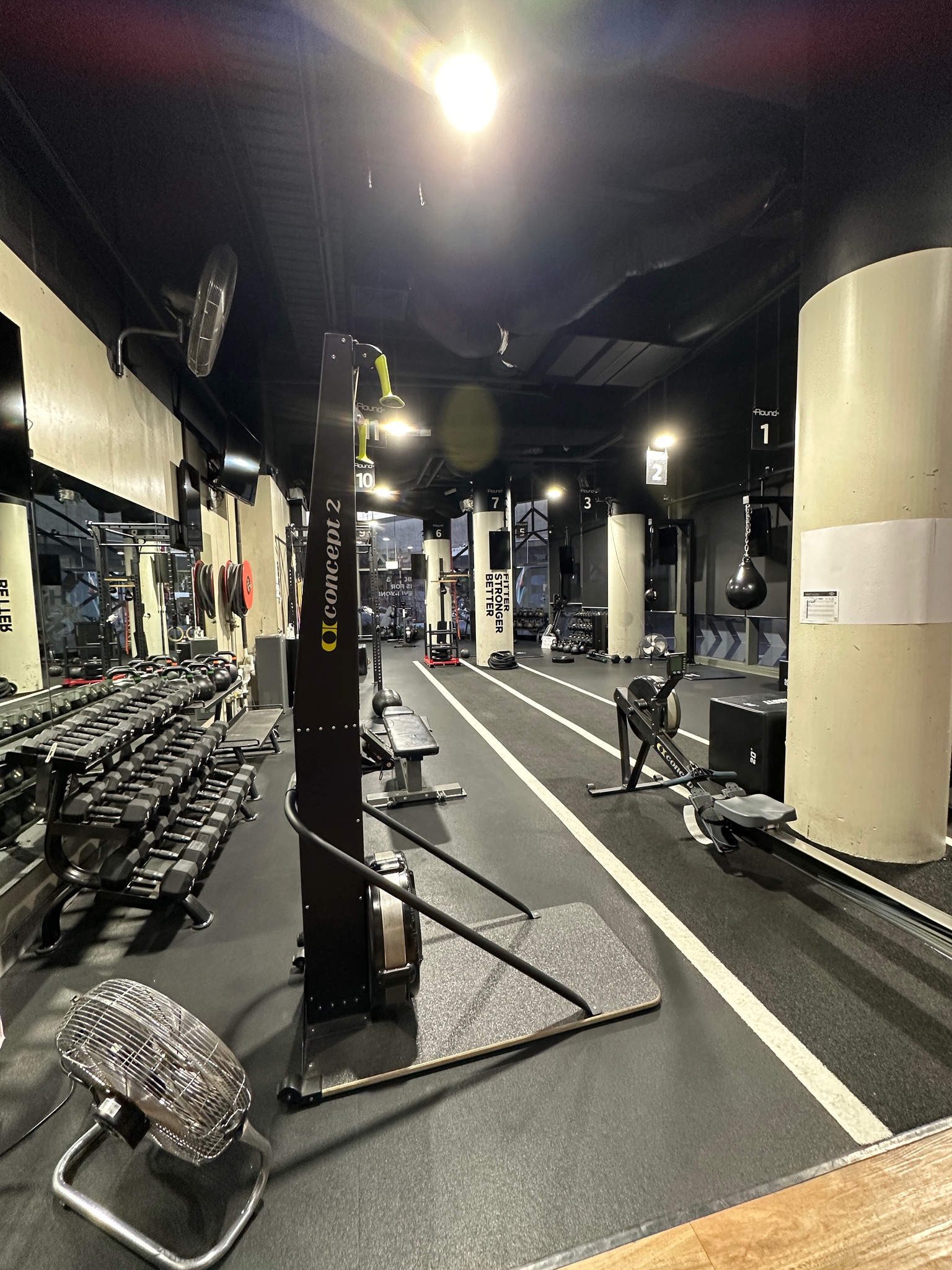 Conditioning area with SkiErg and dumbbells