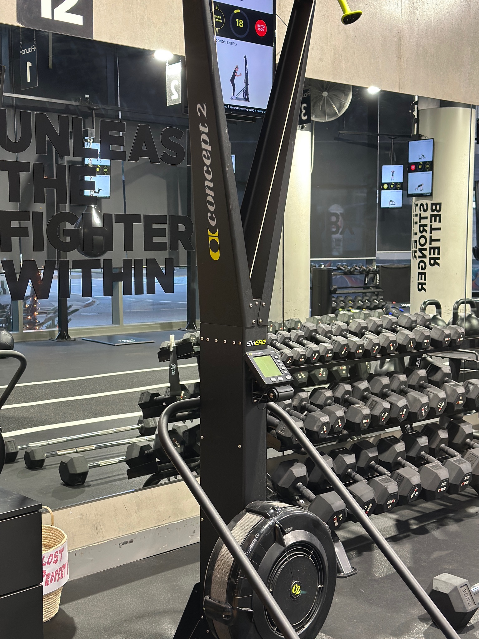 Conditioning zone with Concept2 rowers and free-weight racks