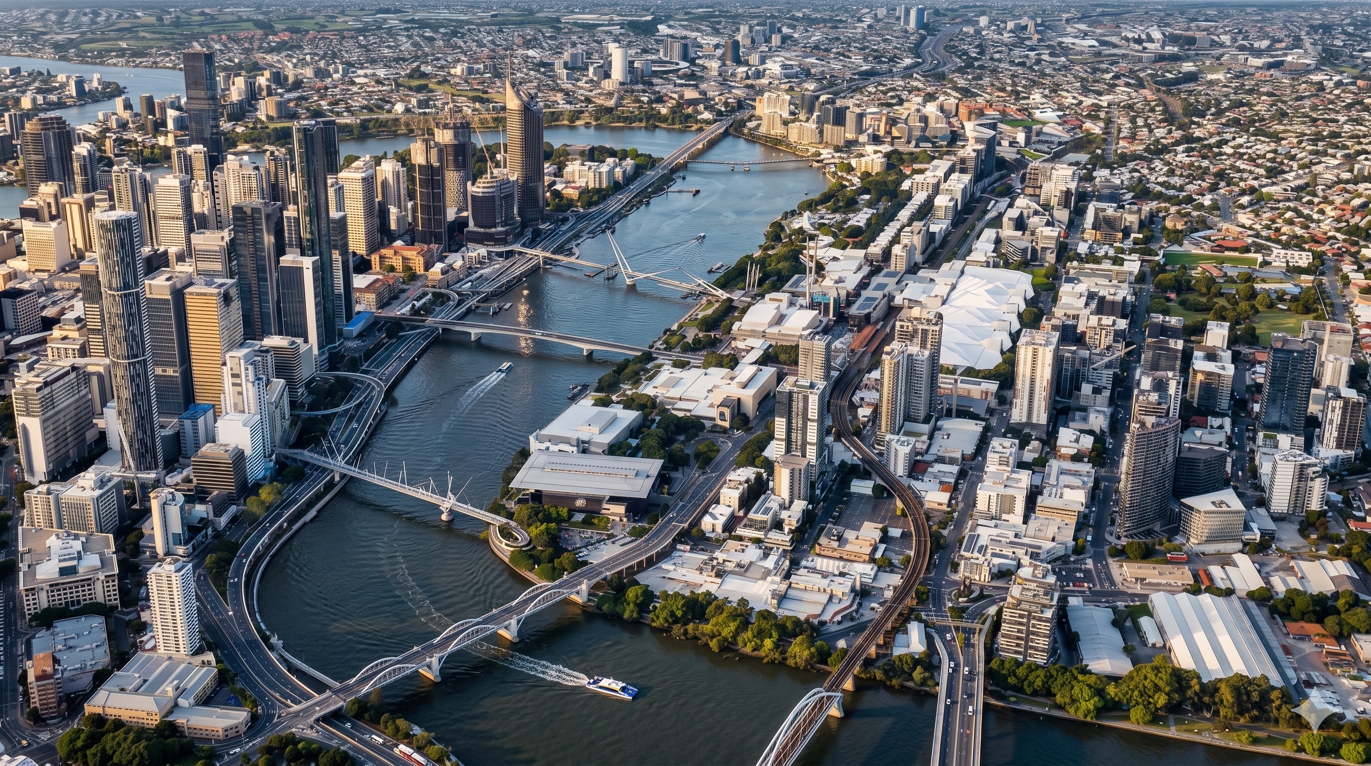 Aerial drone view from southwest looking northeast — South Brisbane in the foreground, Brisbane River curving through the middle, CBD skyline in the background